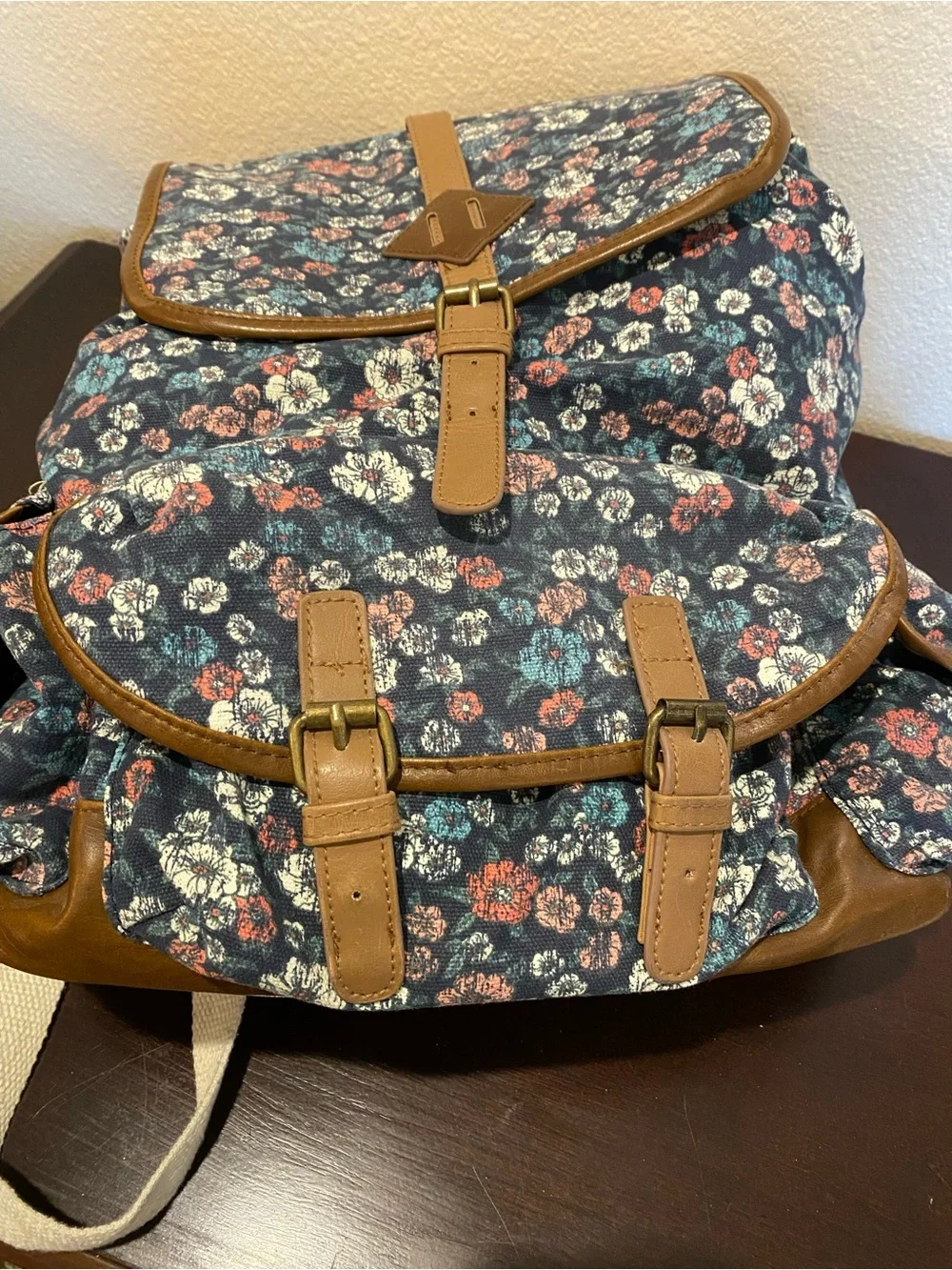 Vintage Y2K 90s MUDD Canvas Floral Print Boho Backpack Satchel Bag Faux Leather